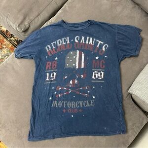 Rebel Saints Motorcycle Club American Flag Skull Blue Distressed Shirt Large